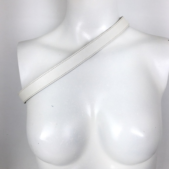 Vintage White Leather Skinny Belt Women\'s Size M Oval Distressed Silver Buckle